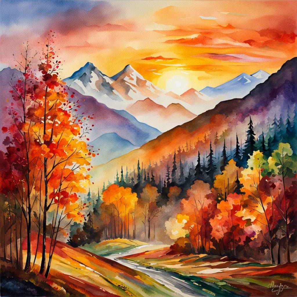 Autumn Sunrise Mountain Watercolor Painting