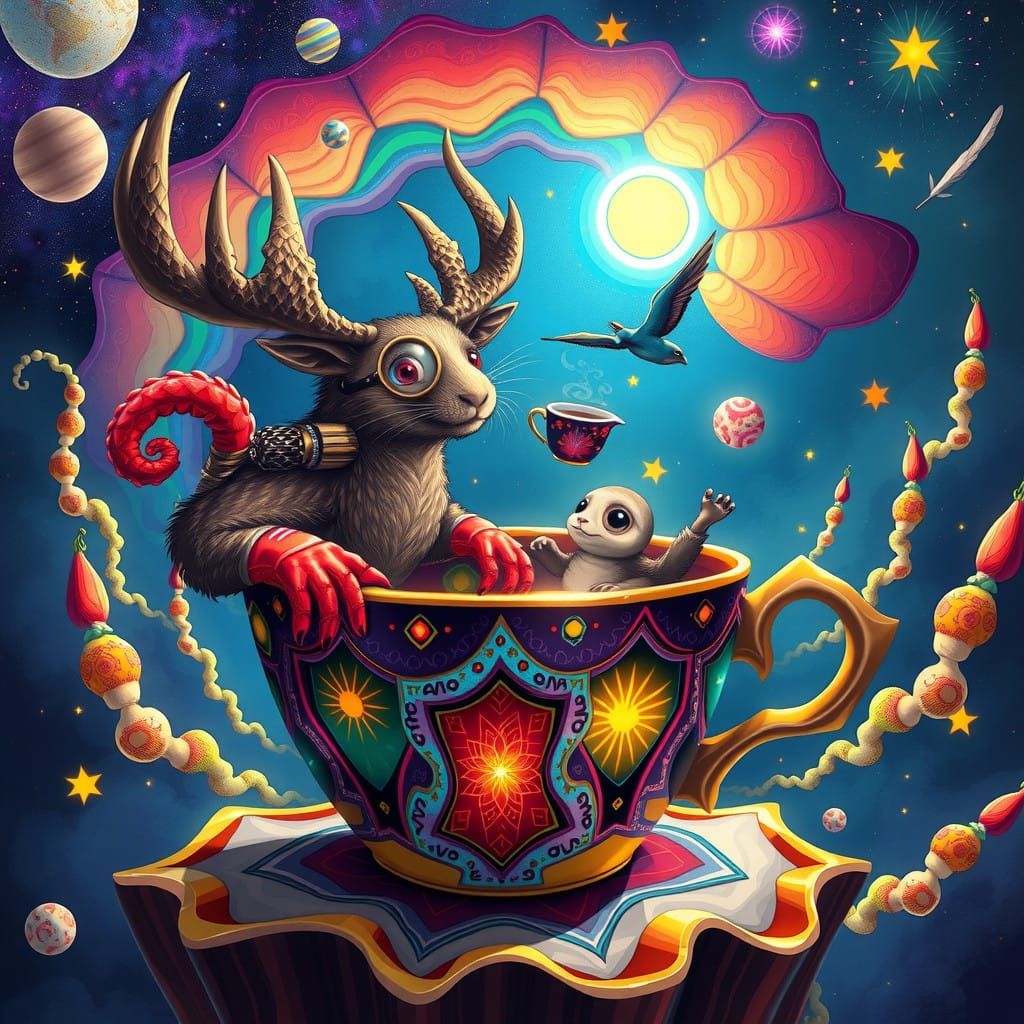 Ethereal Whimsy in Infinite Cosmic Tea Shop
