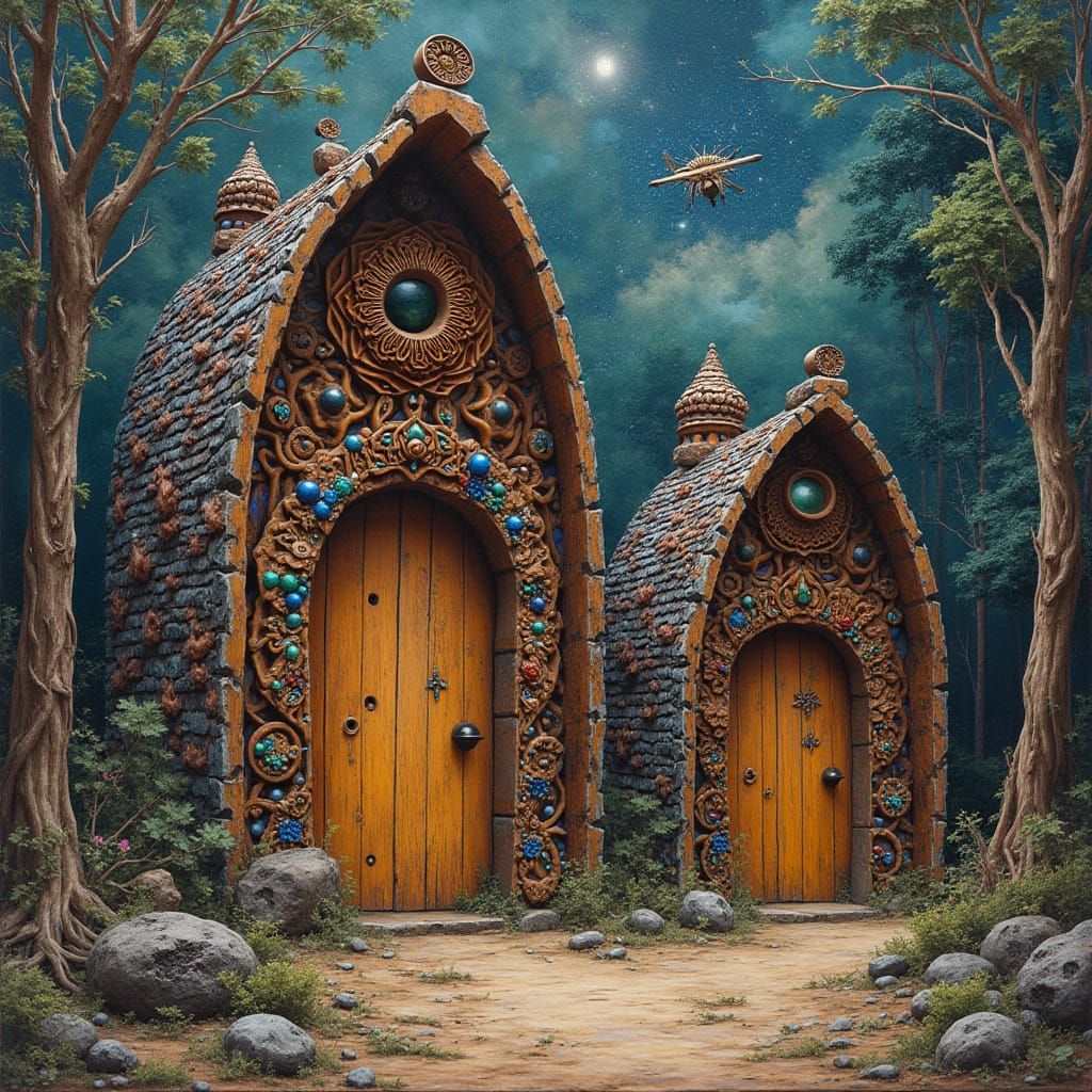 Cosmic Wooden Huts with Intricate Carvings