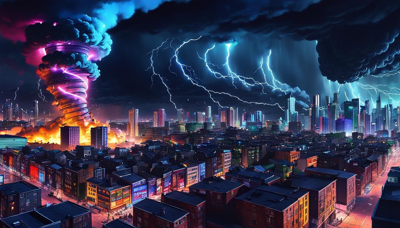 Cyberpunk Tornado Devastates Cartoon City
