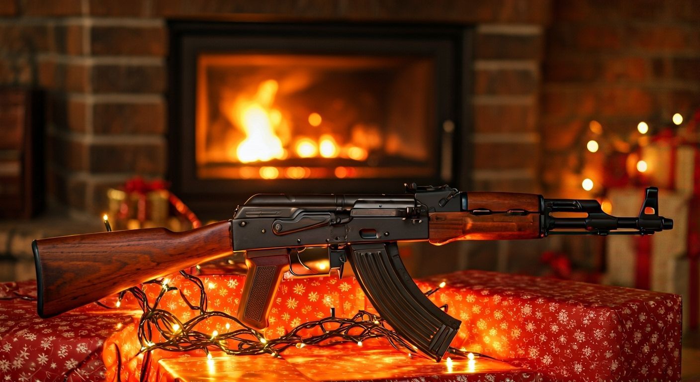 AK 47 Rifle with Christmas Lights and Presents by Fireplace