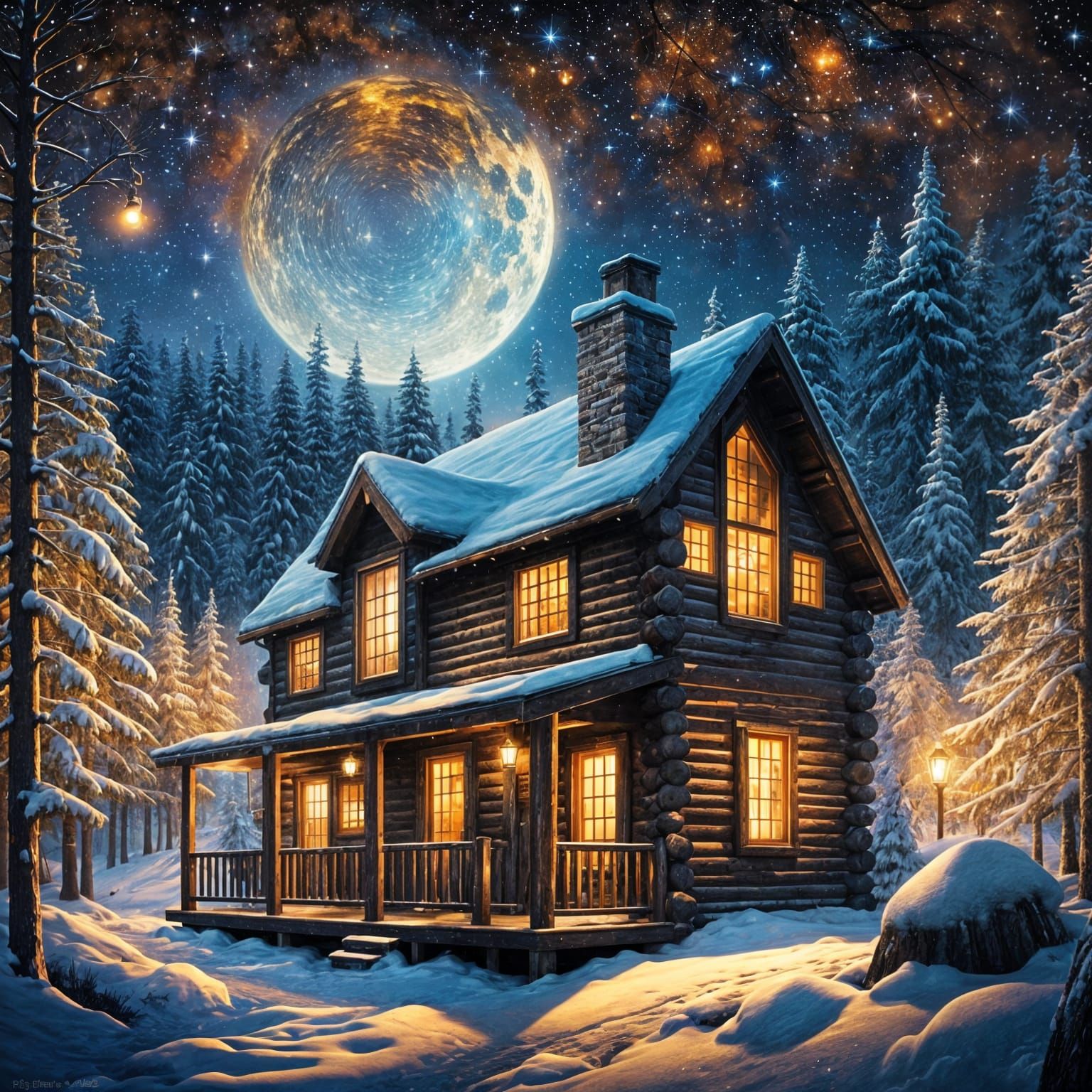Cozy Winter Cabin Under a Starry Sky