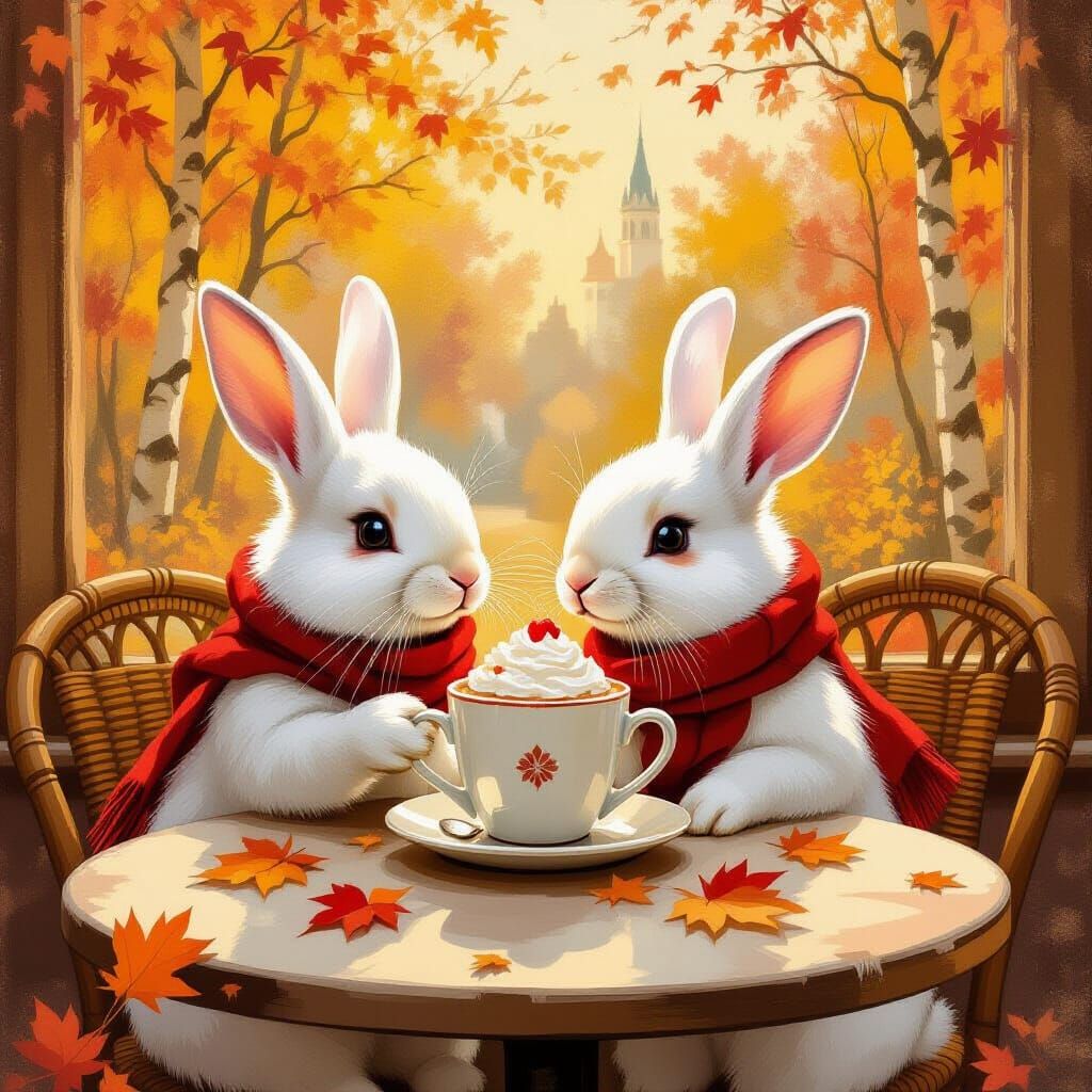 Rabbits' Autumn Date in Gouache and Watercolor Style