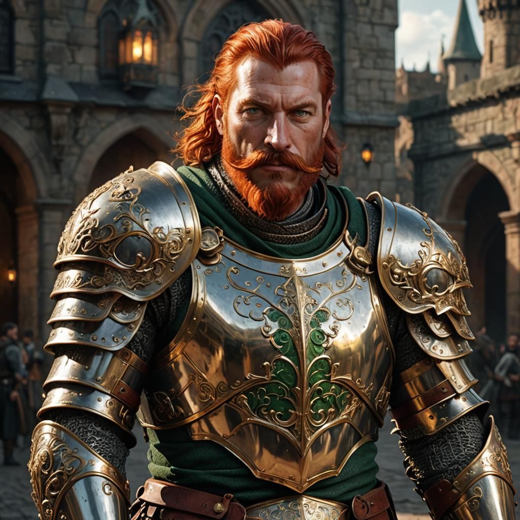 Male human knight. Red hair with green eyes. Full handlebar moustache. Wears gold and silver armor.