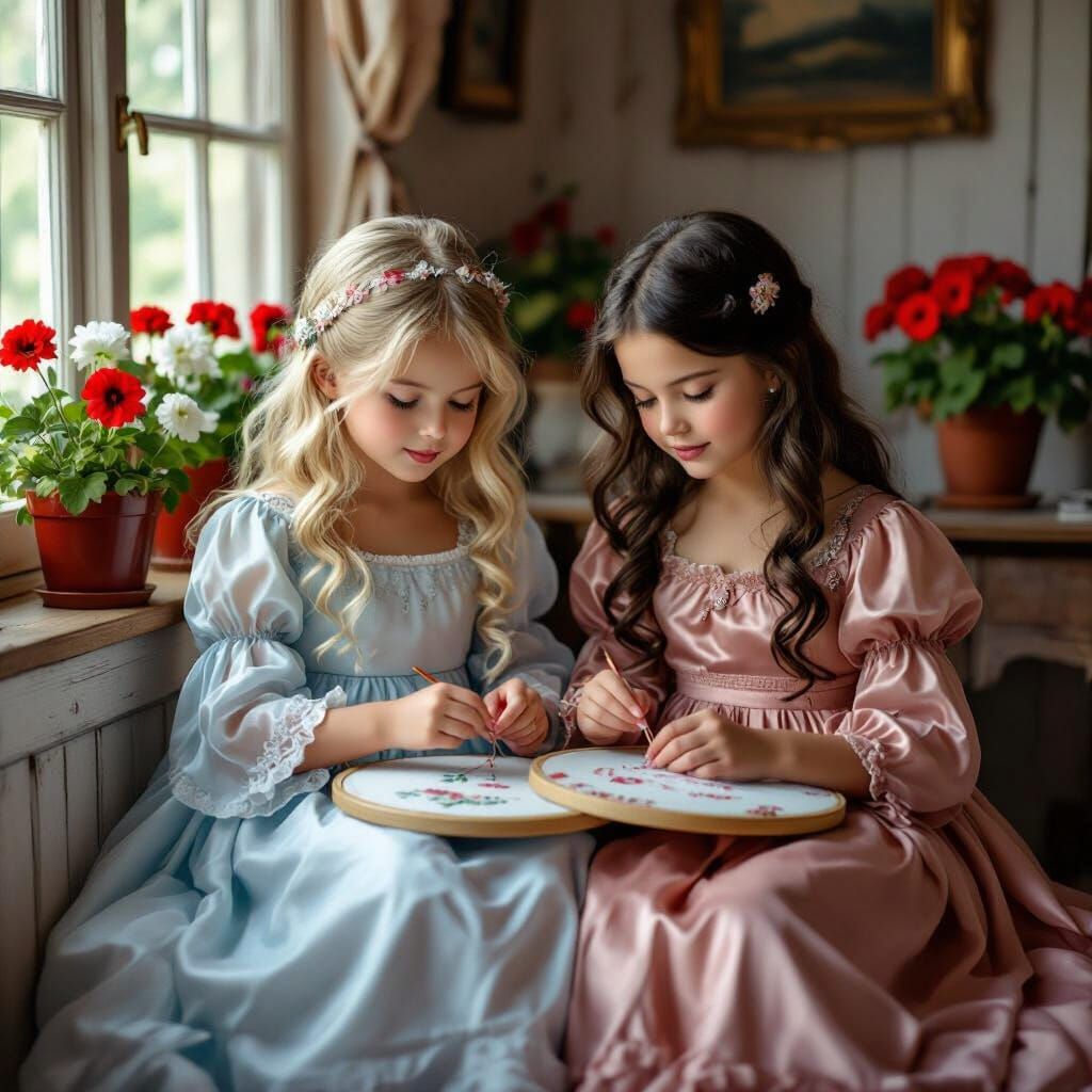 Two Young Women Embroidering in a Birch Wood Room