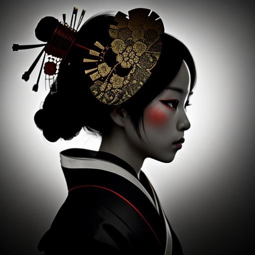 Lonely Geisha Silhouette in Hyperrealistic Style