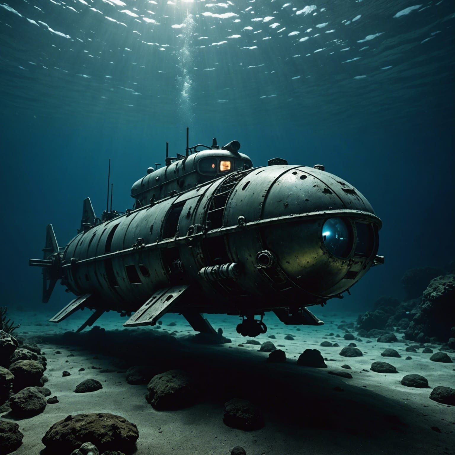 Wrecked Submersible at Ocean Bottom in Horror Art