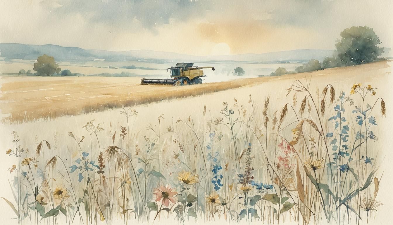 Watercolor Harvest: Combine in Golden Fields