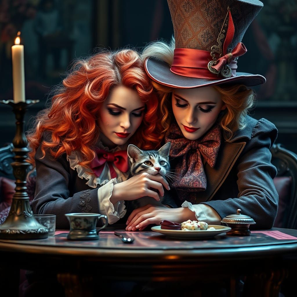 Whimsical Sisters of the Mad Hatter in a Moody, Cinematic Sc...