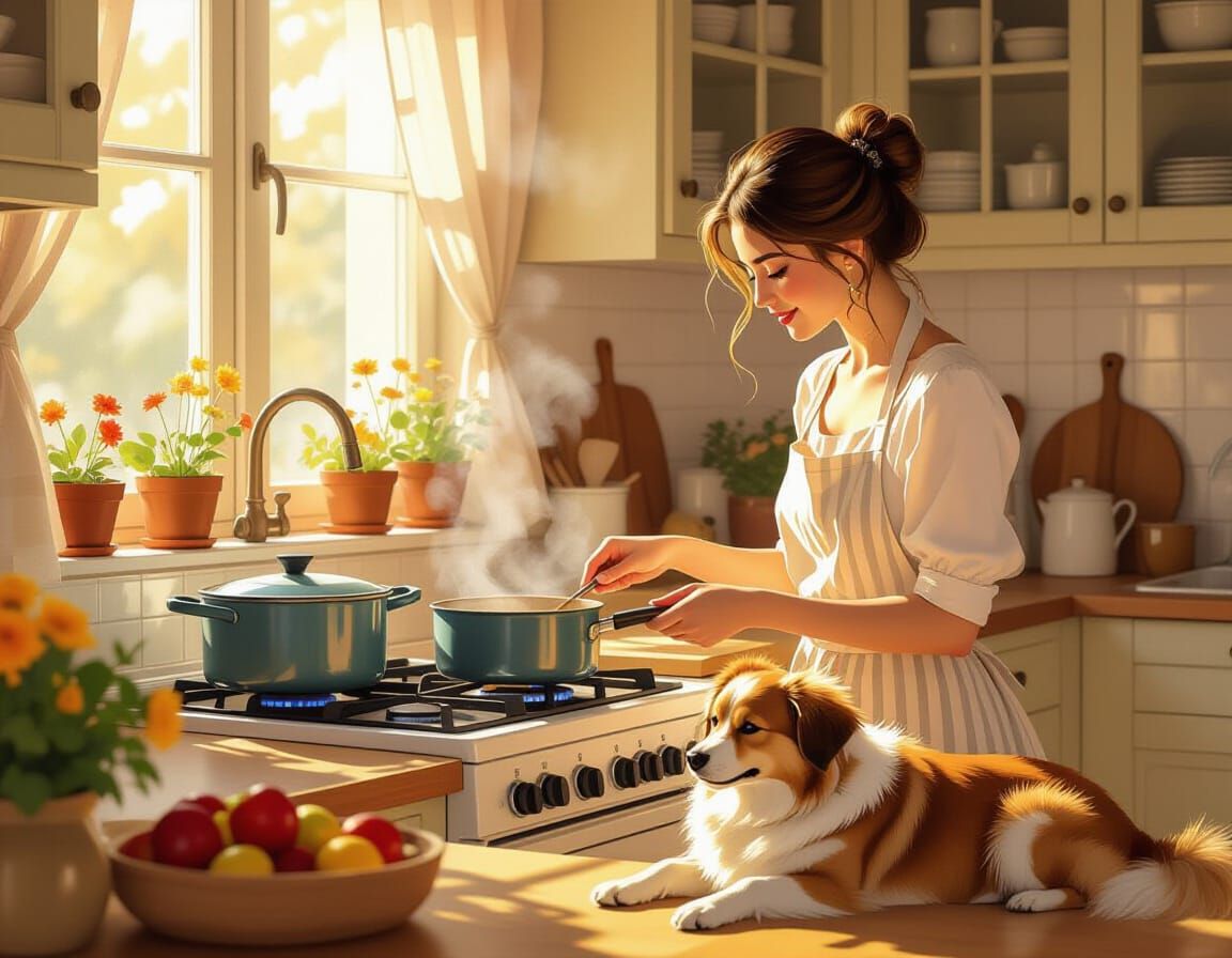 Woman Cooking in Sunlit Kitchen with Dog, Painterly Style