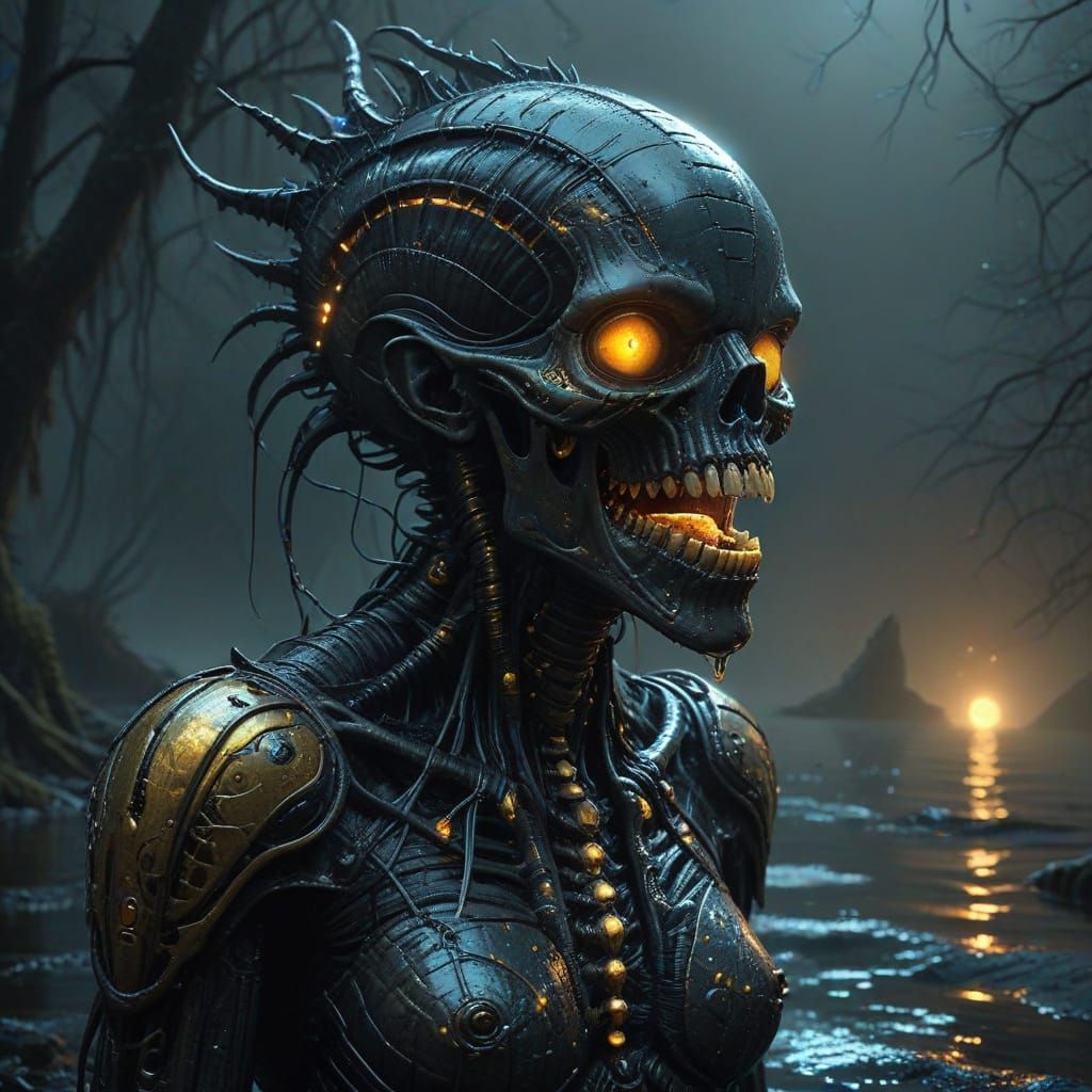 Dark Gothic Amulet Theft in Neon-Gold Bioluminescent Light