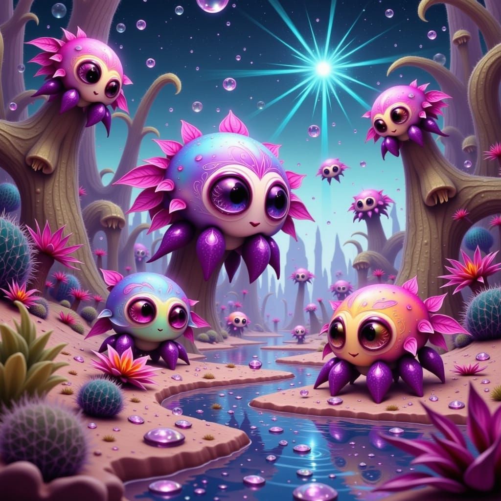 Surreal Magical Oasis Scene with Spider-Octopi Hybrids