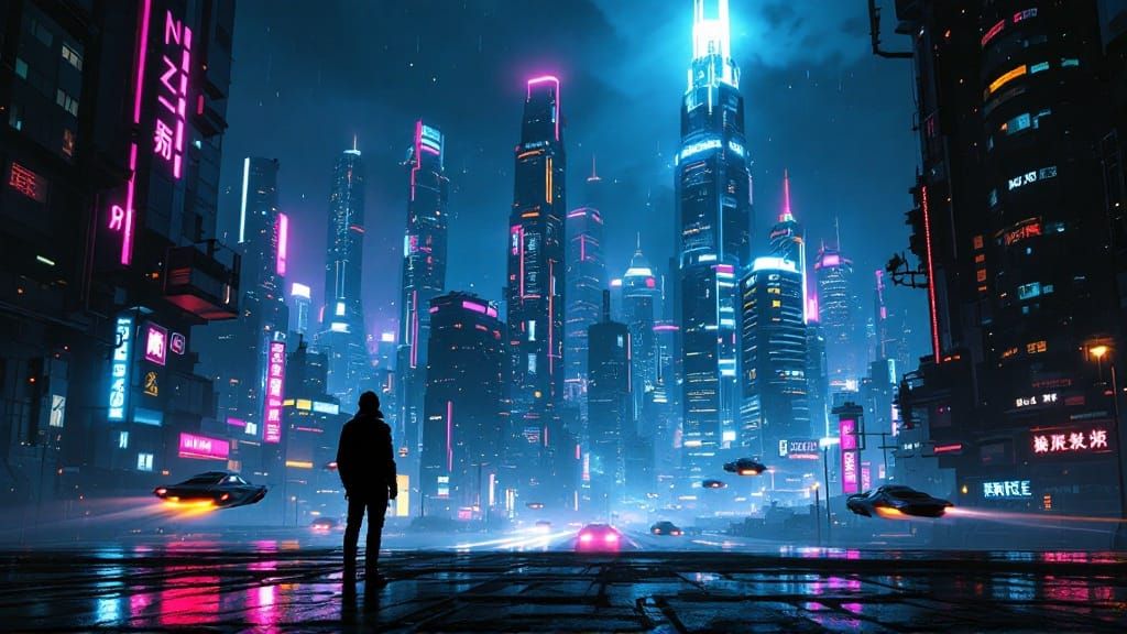 Gritty Cyberpunk Cityscape Under Neon Sky