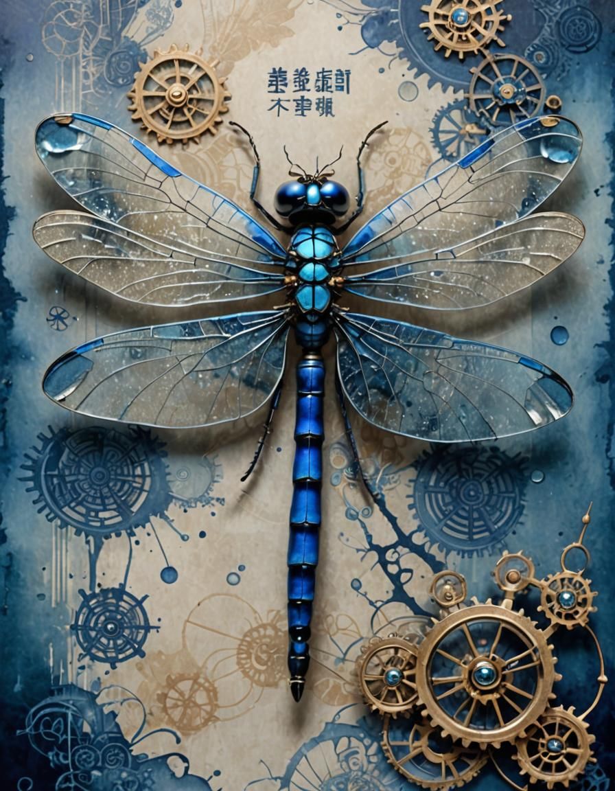 Steampunk Dragonfly with Crystal Wings in Blue World