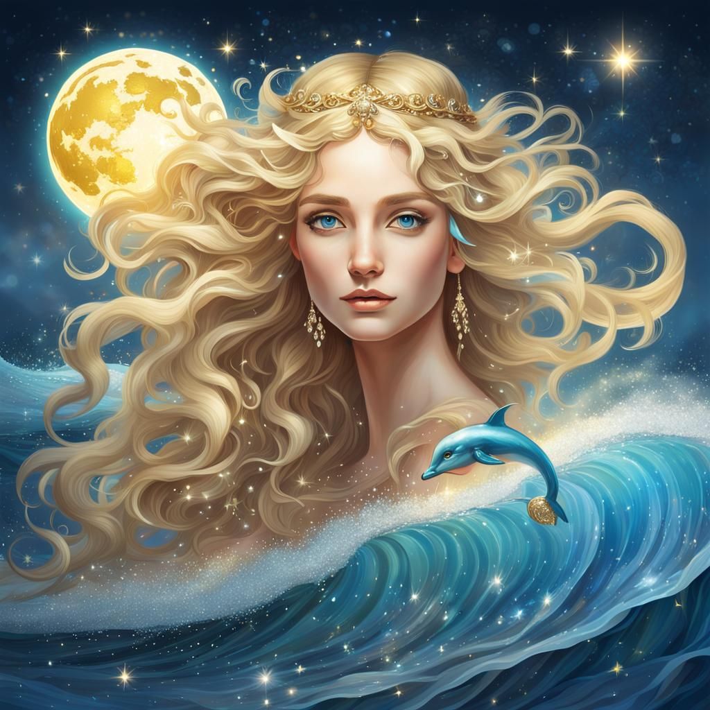 Aphrodite Goddess with Golden Dolphin and Moon