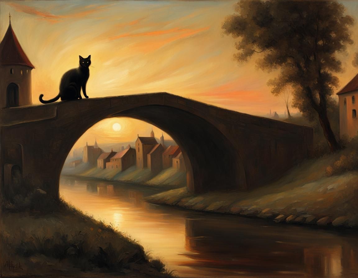 Sunset Cat on Medieval Bridge: Nerdrum Style
