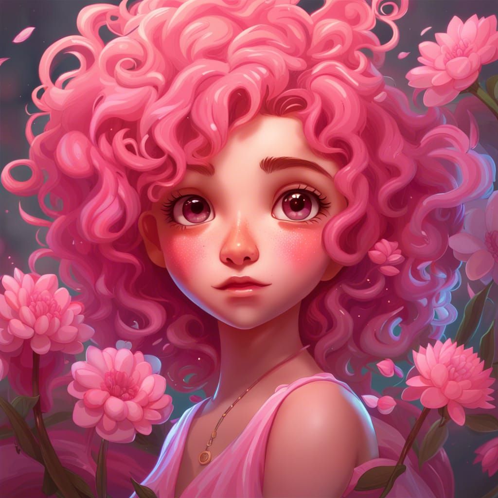 Pink-Haired Girl Surrounded by Flowers