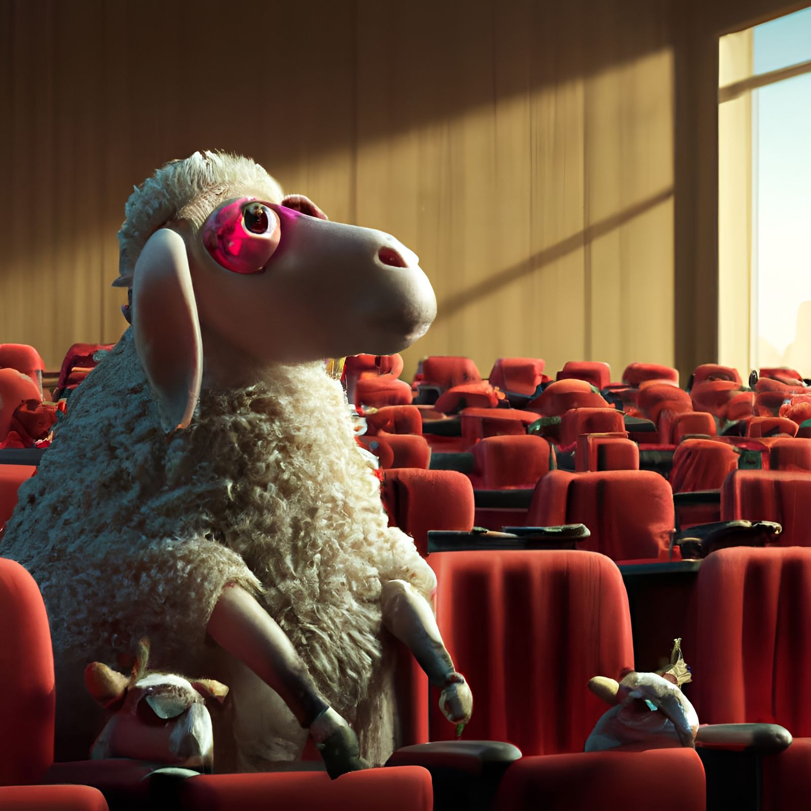 Adorable Sheep at the Cinema, 3D Render