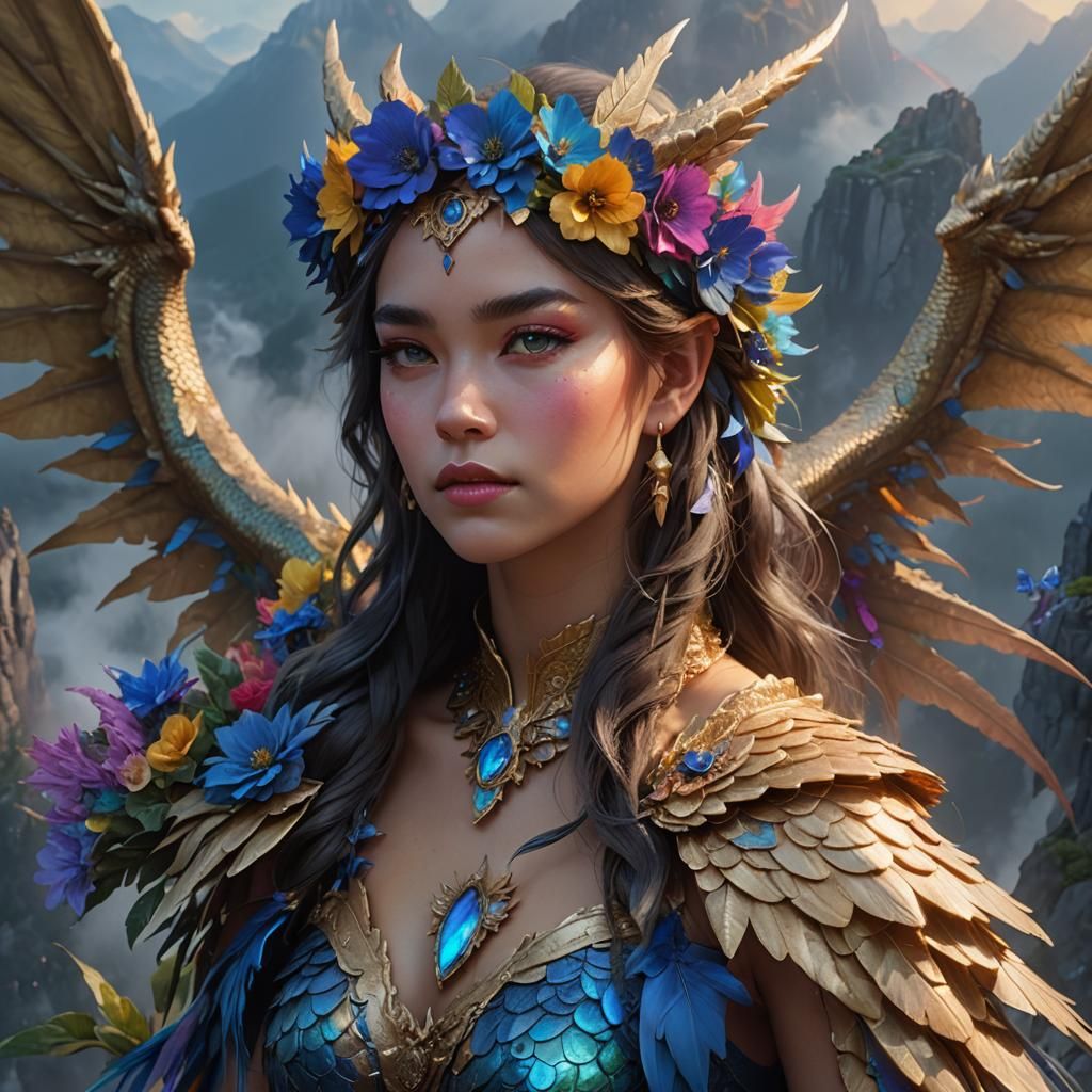 Dragon Woman Portrait with Rainbow Skin in 3D