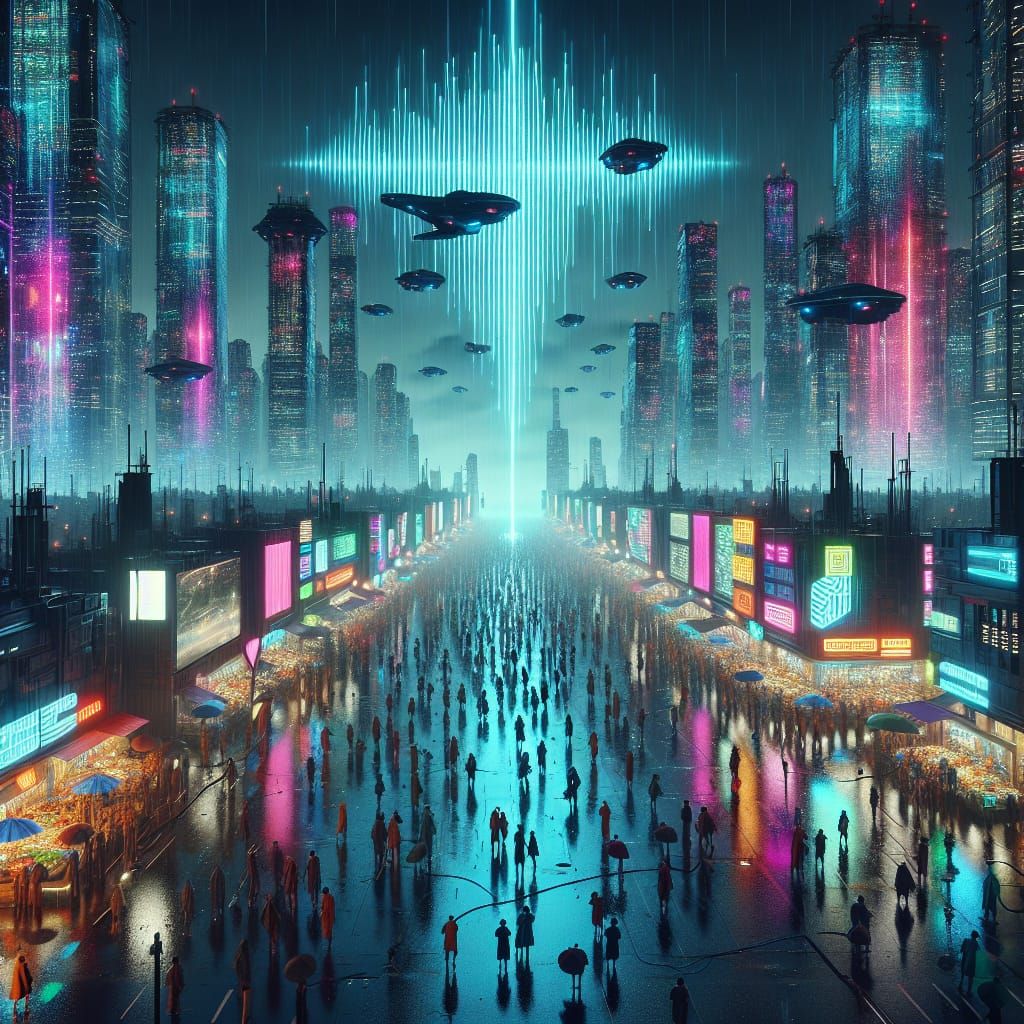 Vibrant Cyberpunk Cityscape with Neon Lights and Spacecraft