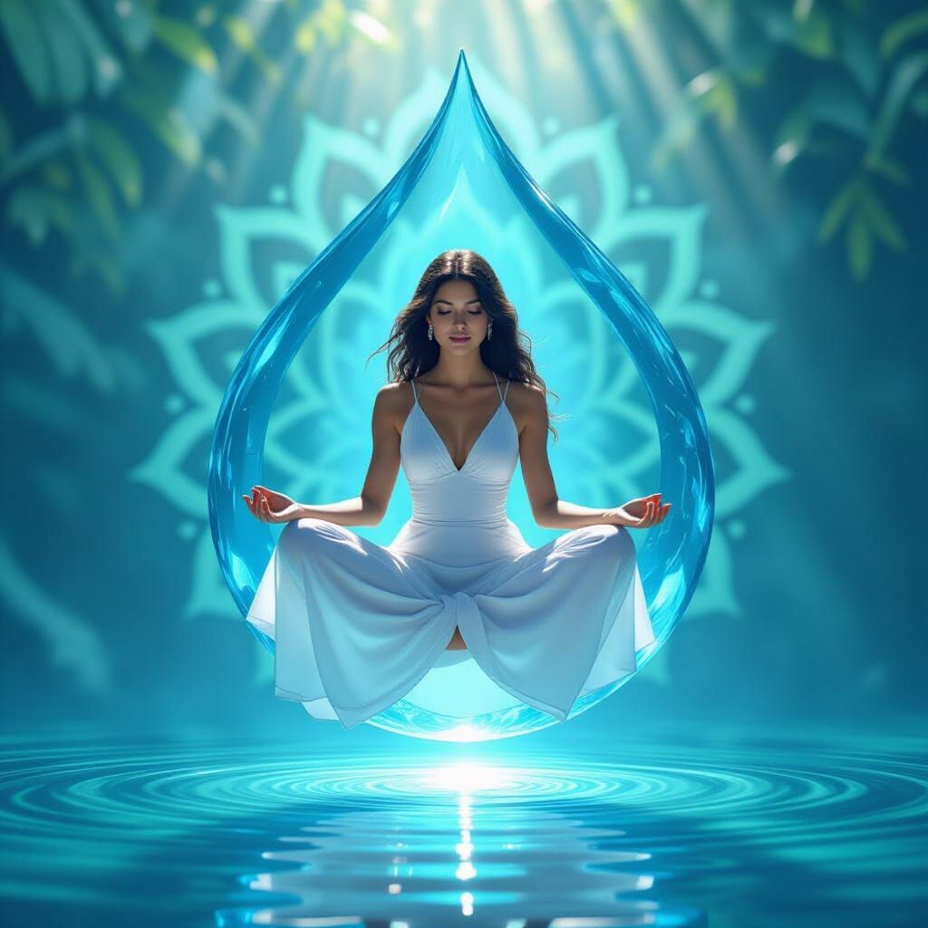 Woman Levitating in Luminous Water Droplet, Digital Art