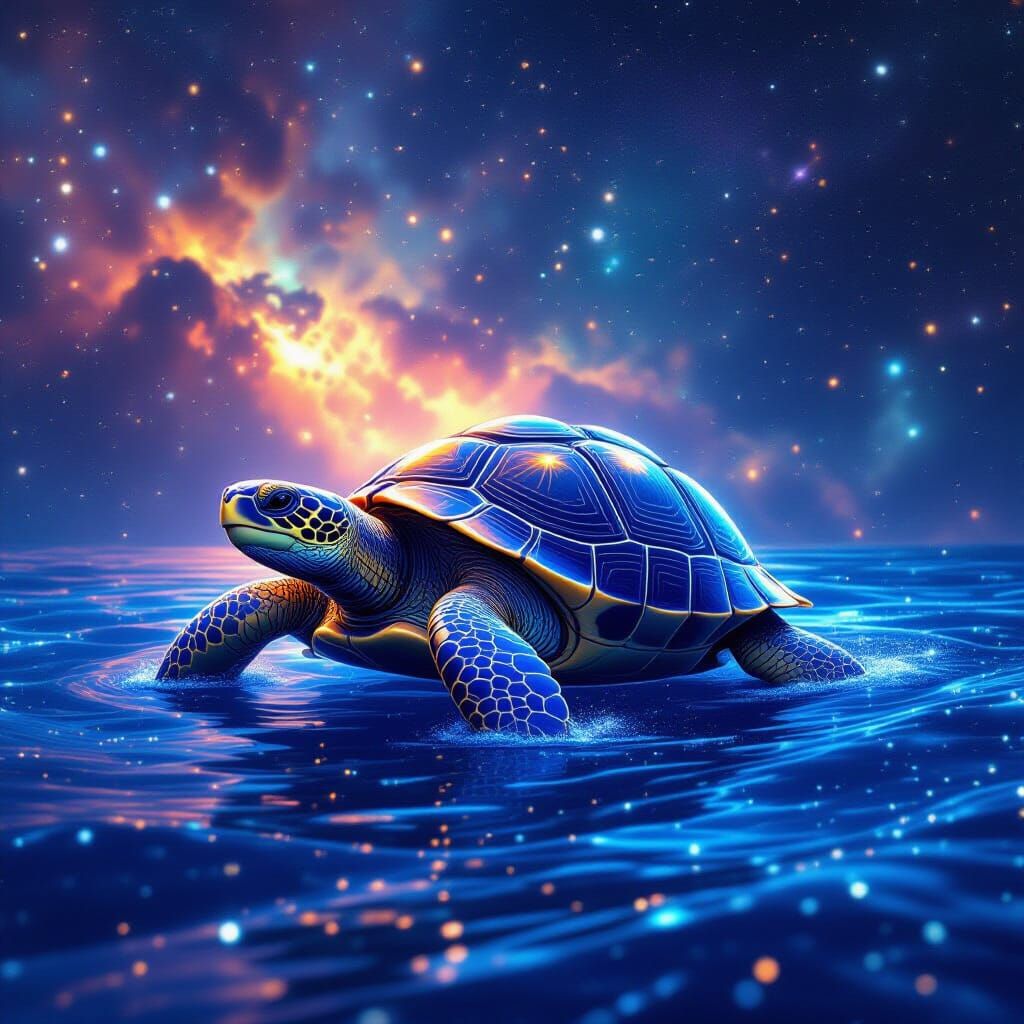 Bioluminescent Tortoise Drifting Through Cosmic Ocean