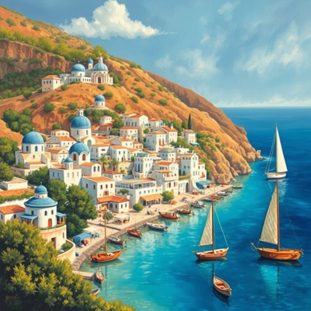 Greek Seaside Village in Warm, Vibrant Style