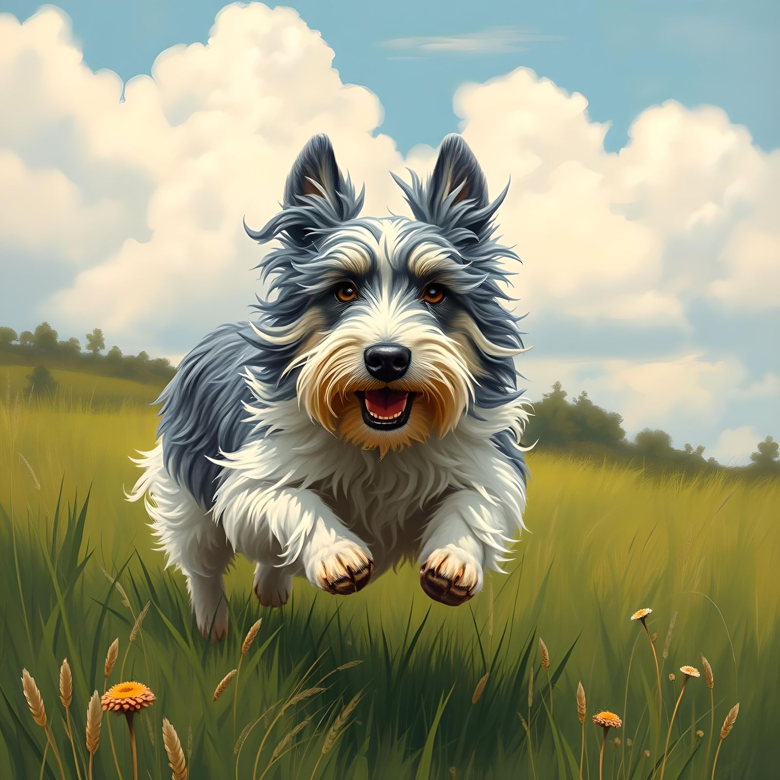 Majestic Sheepdog Running in Lush Green Meadow