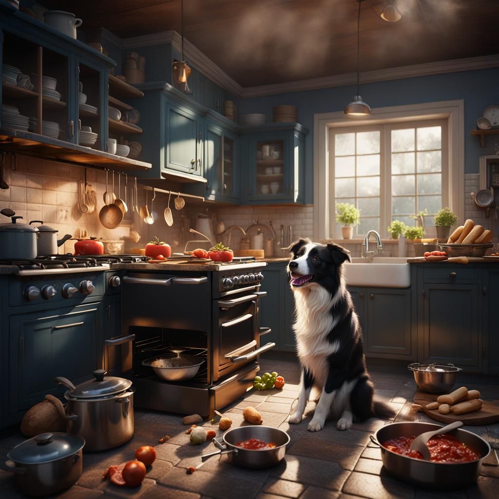 Border Collie Dog Cooking in Kitchen