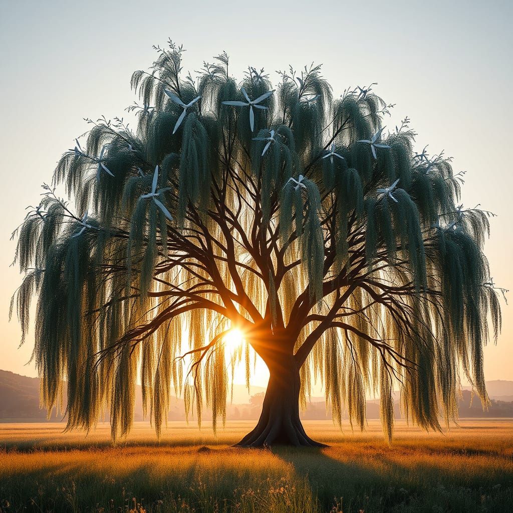 Willow Tree Transforms into Wind Turbines at Sunrise Meadow