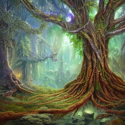 Ancient Bioluminescent Tree in Crystal Glade