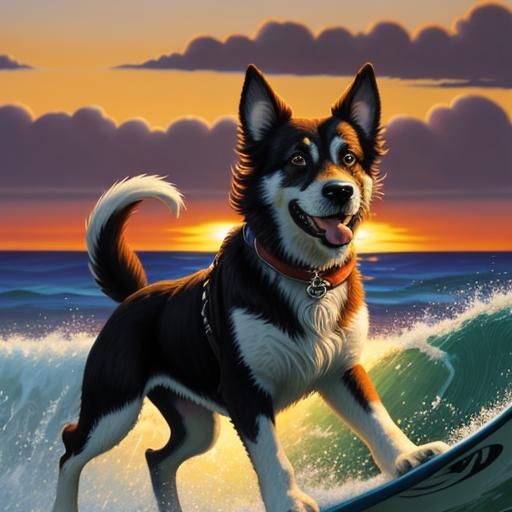 Happy Shaggy Dog Surfing at Sunset: Oil Painting