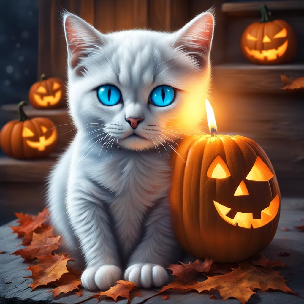 White Cat with Blue Eyes in Halloween Pumpkin
