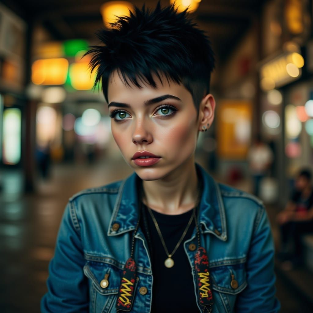 Punk Pixie Cut Woman in Denim Jacket