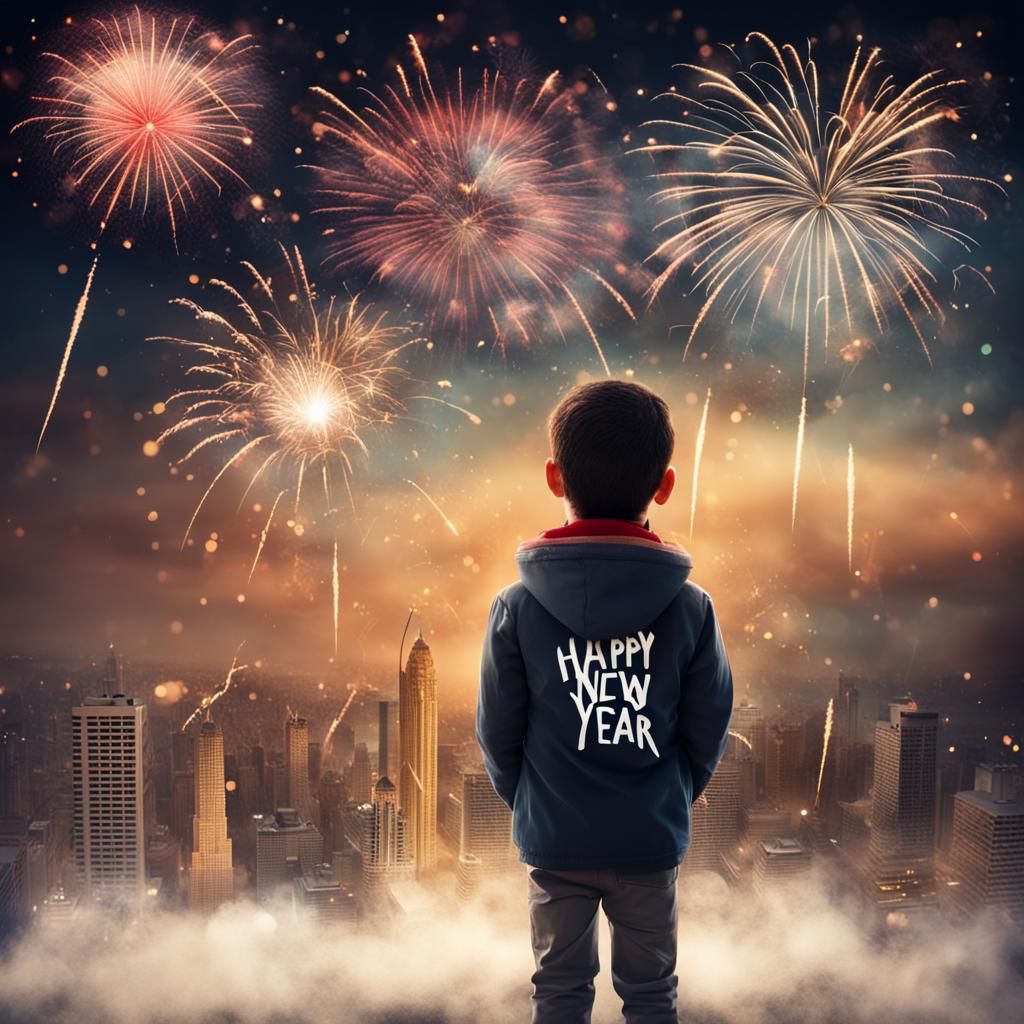 Boy Watching New Year Fireworks Display
