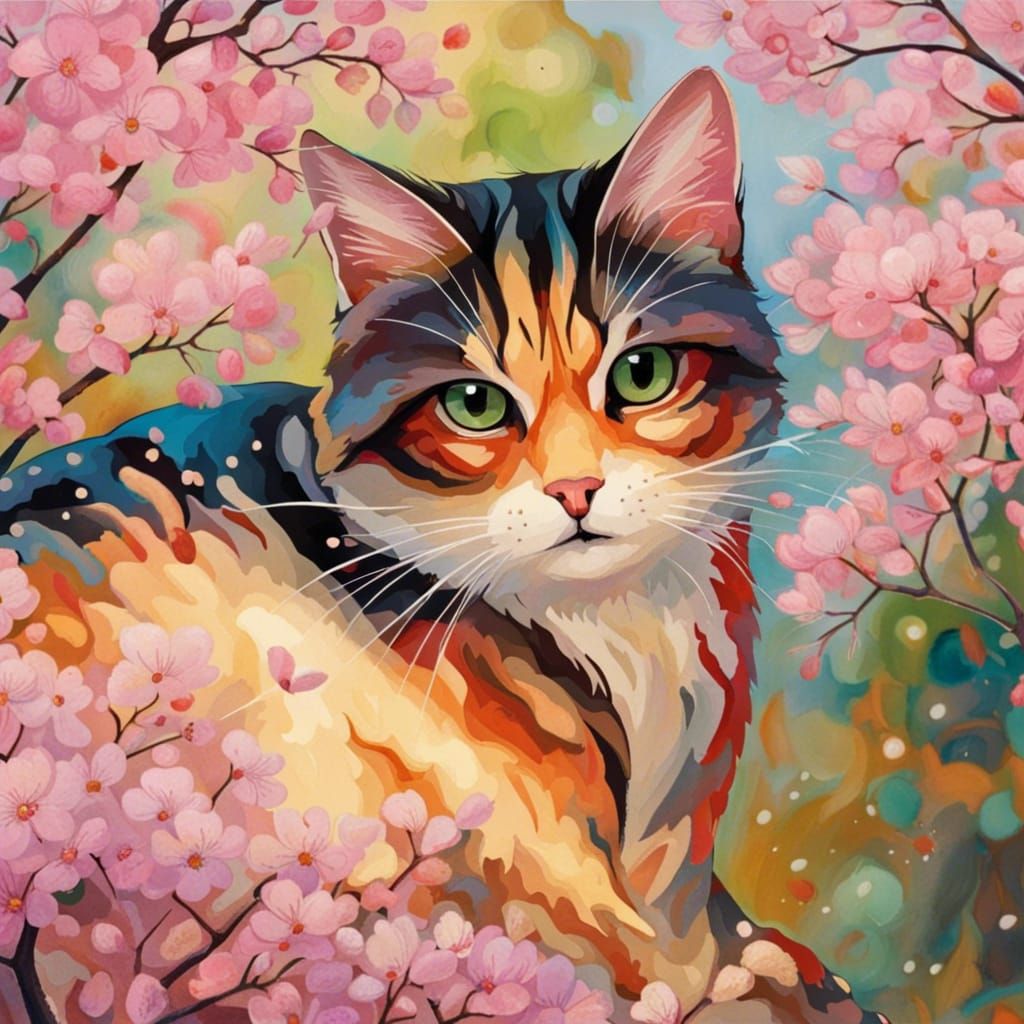 Cat Under Cherry Blossom Tree: Japanese Painting