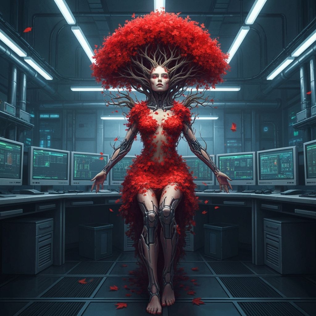 Cyborg Dryad with Autumn Leaves in High-Tech Factory