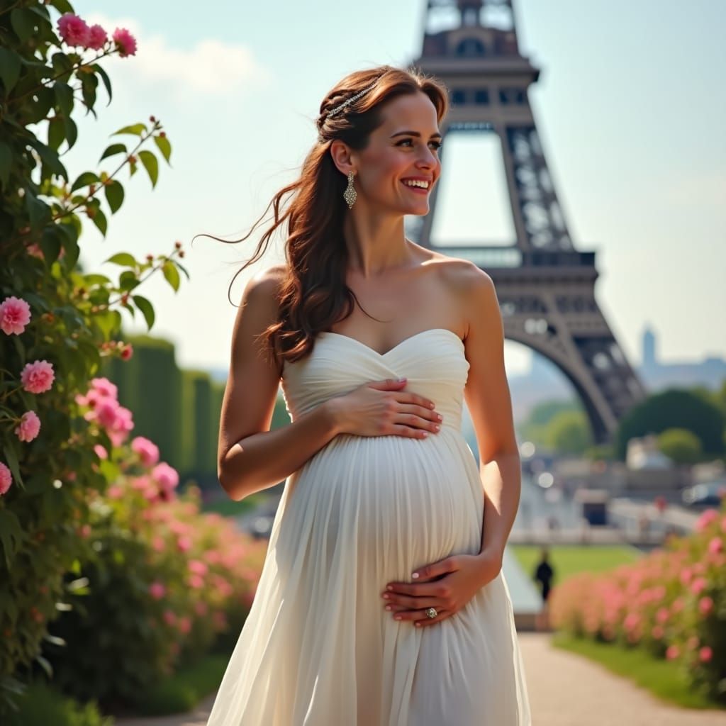 Elegant Maternity Portrait with Eiffel Tower Backdrop