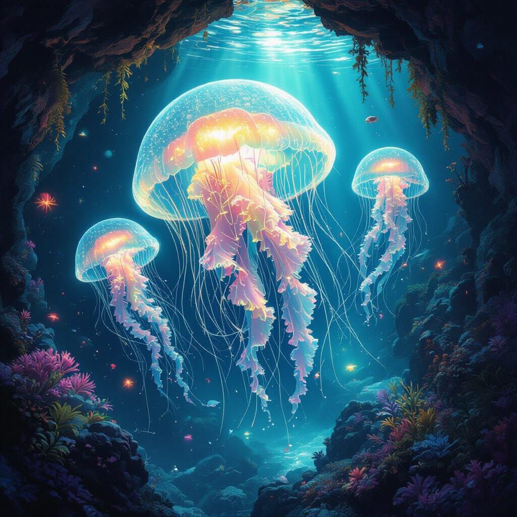 Bioluminescent Jellyfish in Underwater Cave, Digital Paintin...