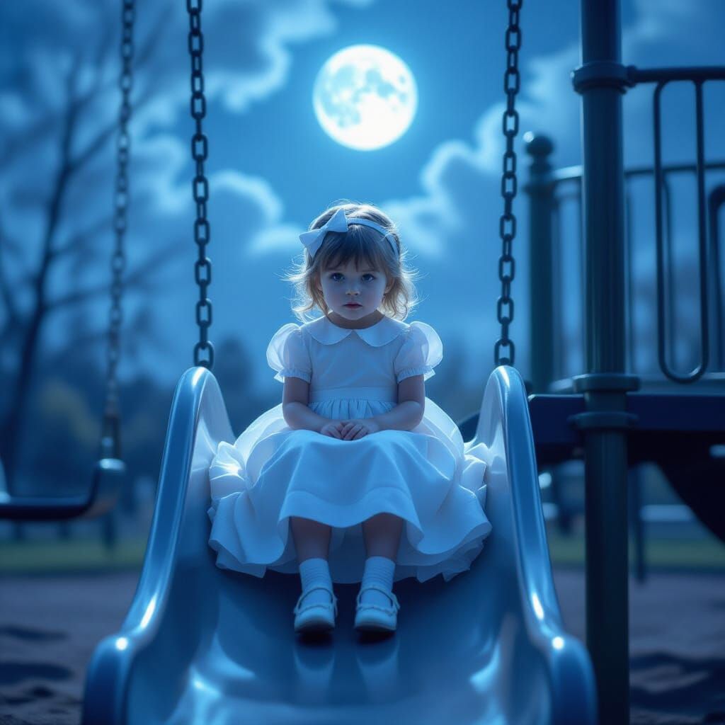 Ghost Child on Moonlight Playground Slide