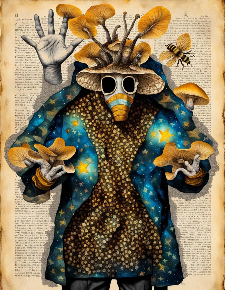 Surreal Mushroom Man with Bee Mask in Space