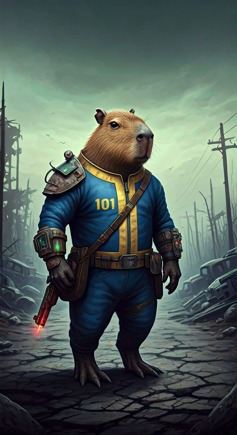 Vault Dweller Capybara Explores Post-Apocalyptic Wasteland