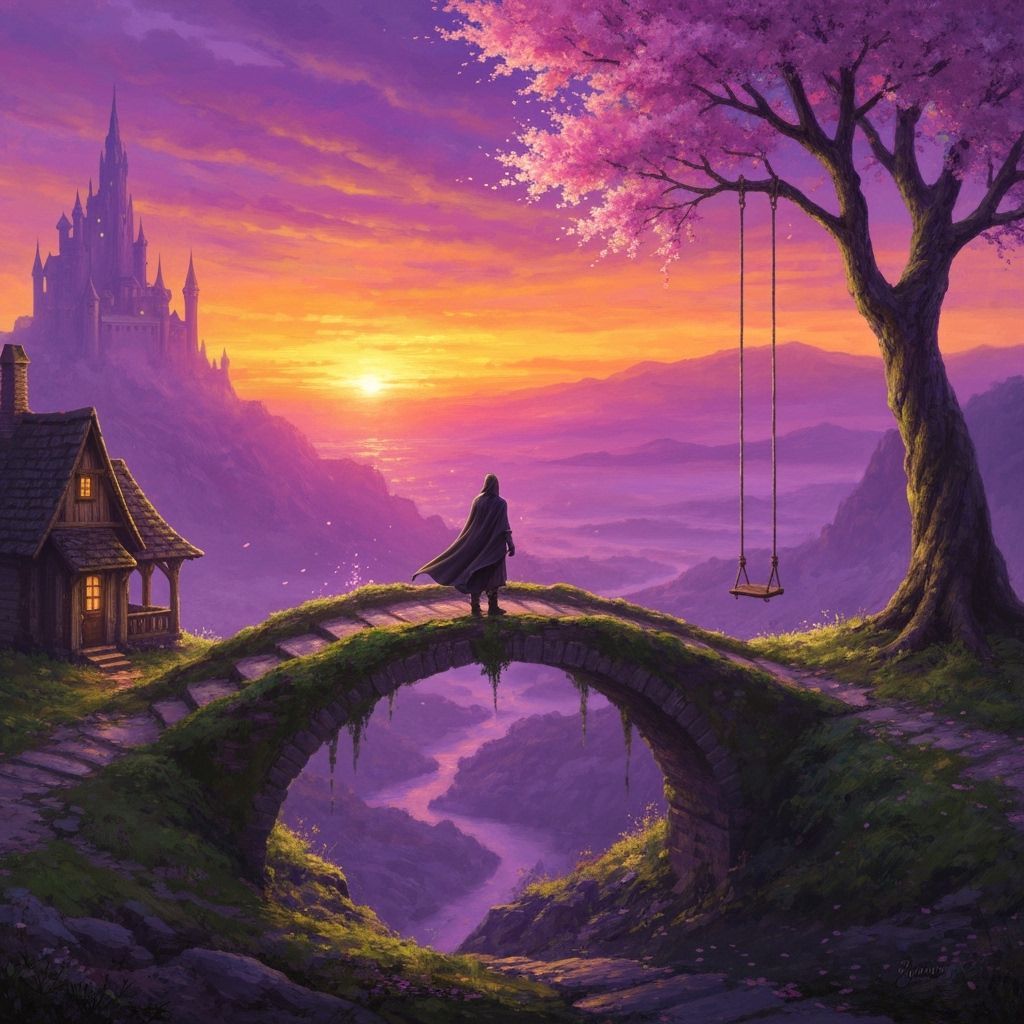 Cloaked Figure on Mossy Bridge at Magical Sunset