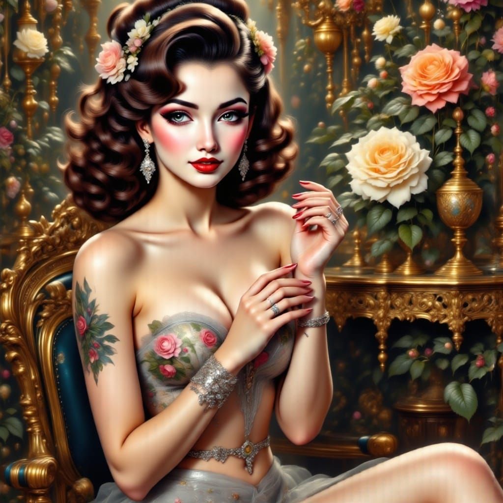 Elegant Elf Queen on Throne in Art Nouveau Style