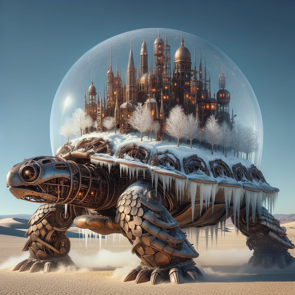 Steampunk Turtle Carries Frozen Winter Metropolis