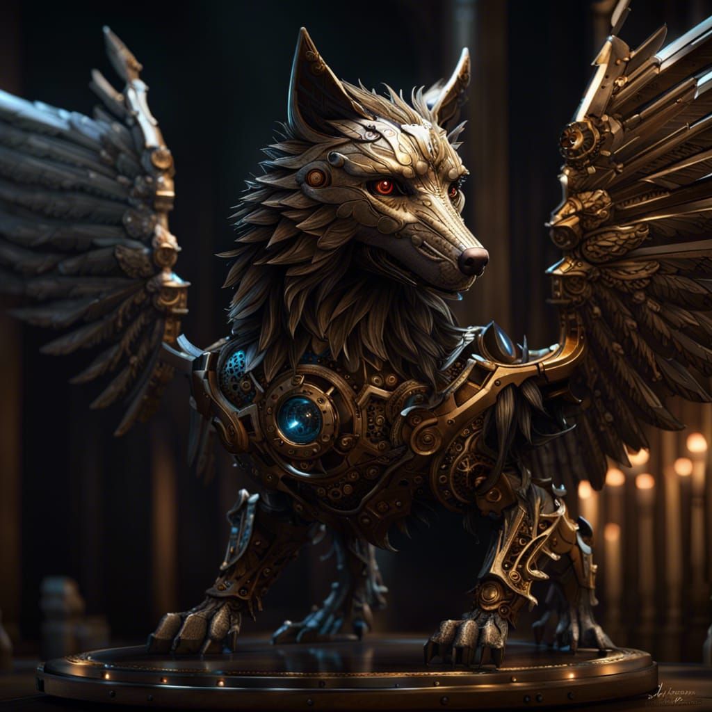 Winged Clockwork Wolf: Dark Fantasy Concept Art