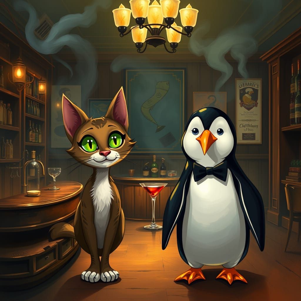 Dapper Feline and Penguin Enter a Vintage Speakeasy