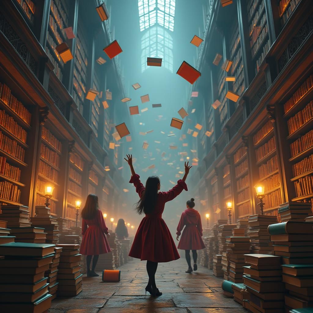 Magical Library: Students Dancing with Glowing Books
