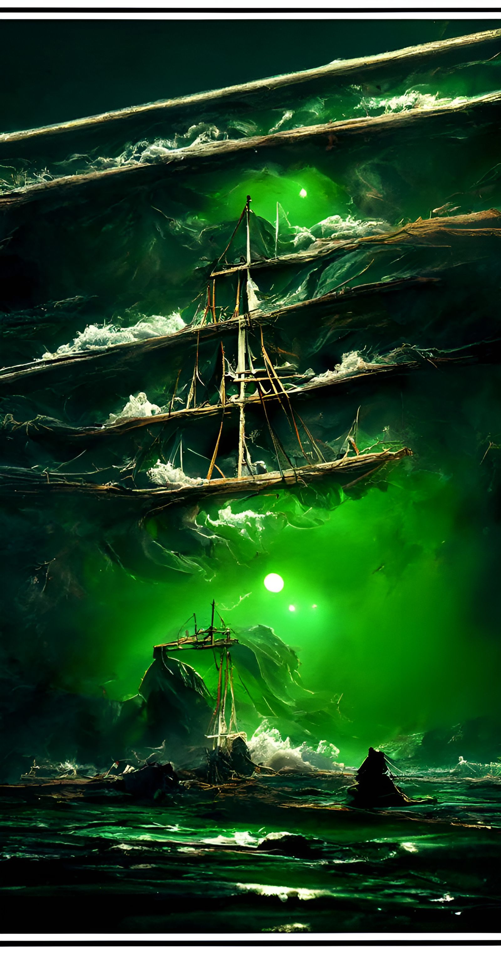 Ghost Ship Sailing Through Green Clouds, Digital Art