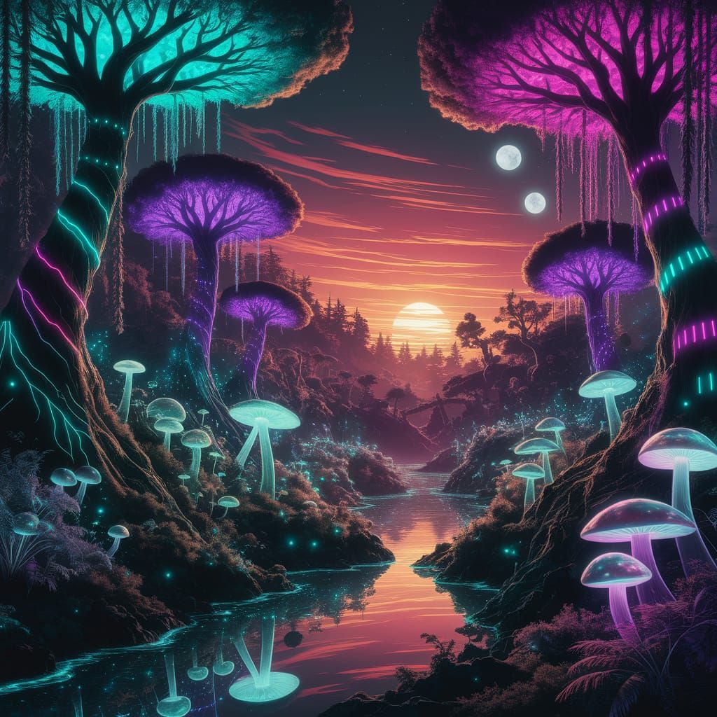 Bioluminescent Alien Jungle Sunset with Twin Moons